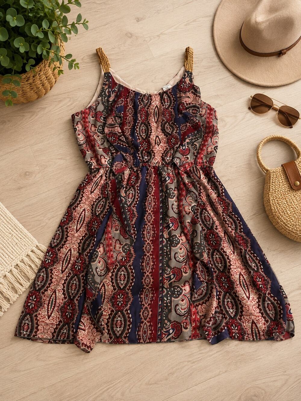 Pinky Women’s Large Paisley Boho Fit & Flare Dress Gold Braided Straps Ruffle